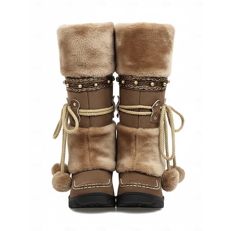 Women's Winter Faux Fur Boots - Warm Snow Boots with Pom Pom and Embellished Design for Casual and Outdoor Wear2