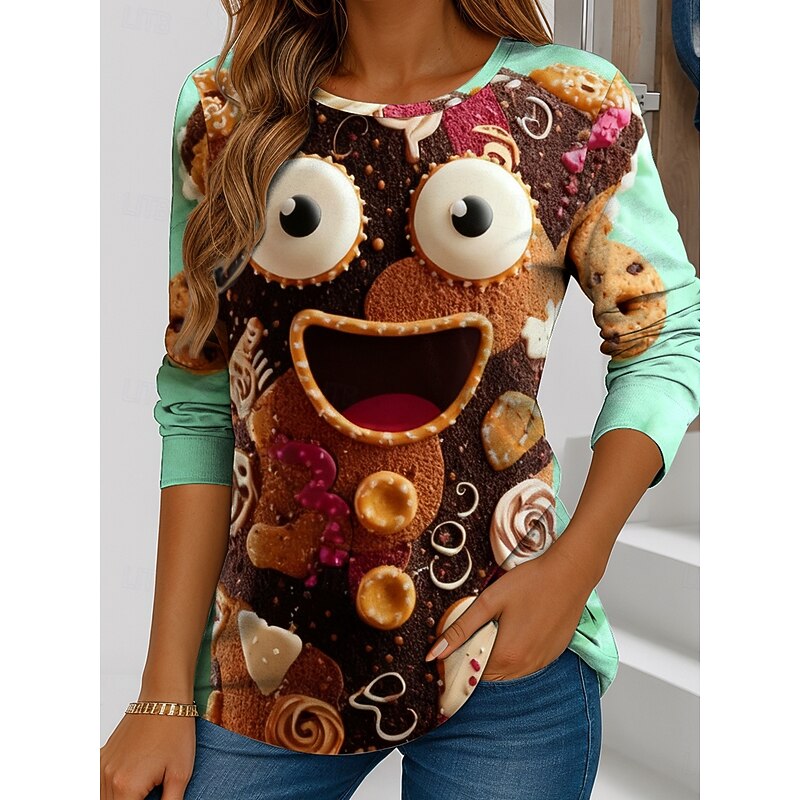 Christmas Women's T Shirt Graphic Geometric Vintage Stylish Casual Long Sleeve Crew Neck Regular Tops Weekend Print Pink Brown Green Winter3