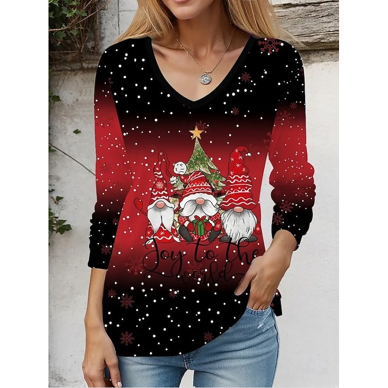 Christmas Women's T Shirt Graphic Santa Claus Snowman Vintage Stylish Casual Long Sleeve V Neck Regular Tops Daily Print Black+White+Red Black White Wine Red Spring Fall Winter3