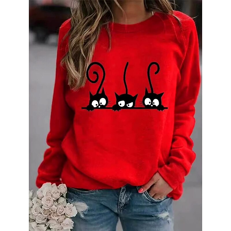 Women's Pullover Sweatshirt Graphic Animal Cat Fashion Casual Long Sleeve Round Neck Regular Tops Street Dailywear Casual Print Maroon Black Wine Red Fall Winter2
