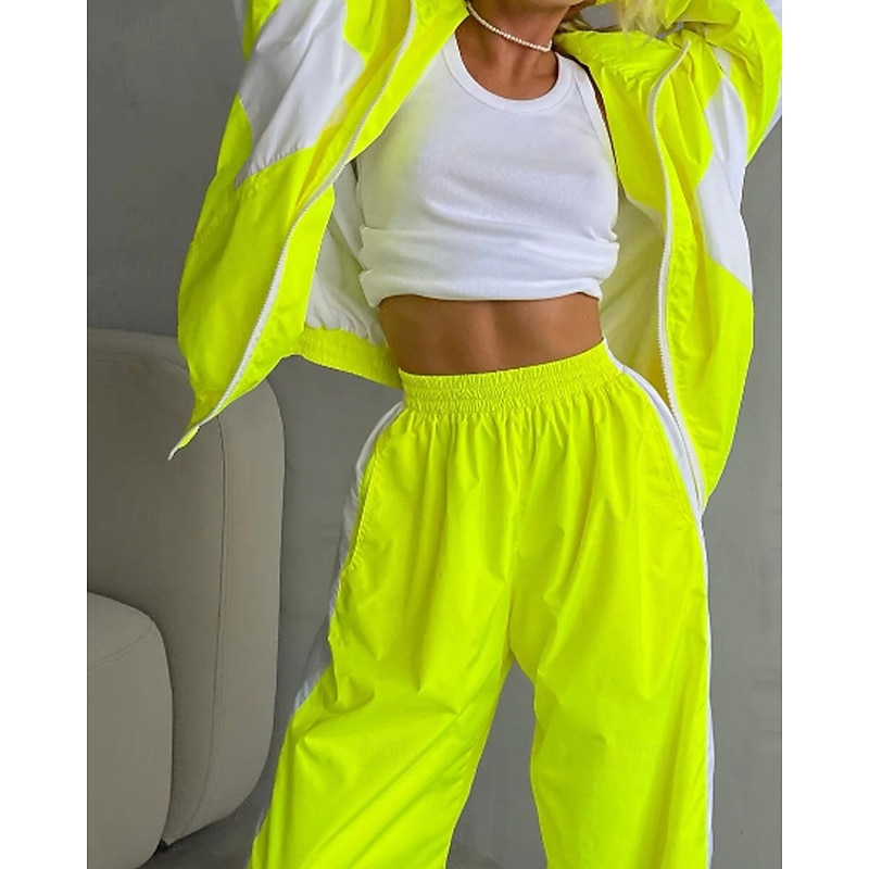 Women's Active Fashion Blouse Pants Sets Sweatshirt Long Sleeve Shirt Collar Color Block Ruched Zipper Outdoor Holiday Going out Yellow Pink Army Green Fall Regular Fit2