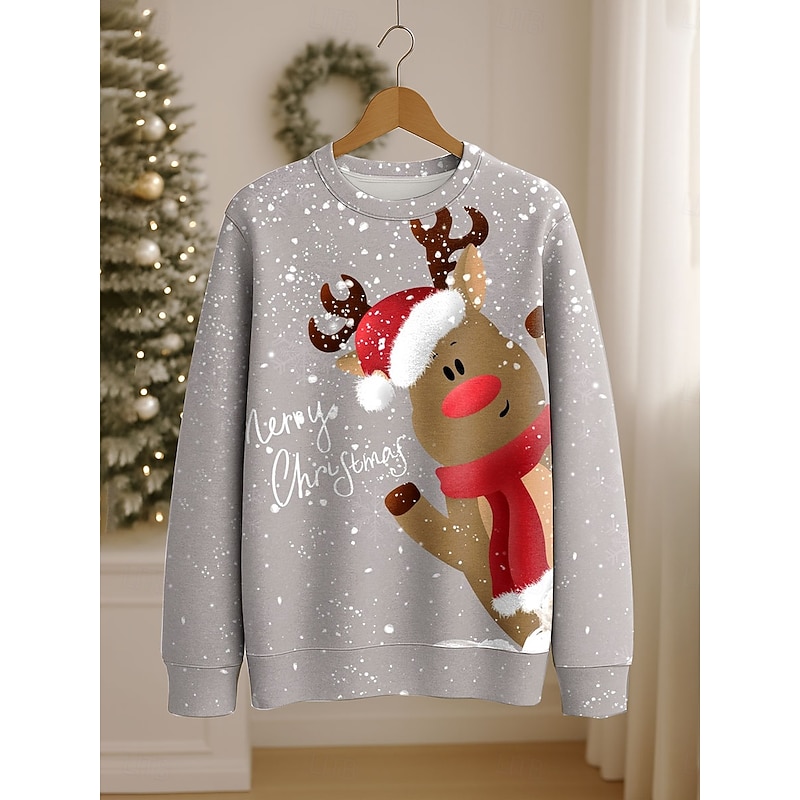 Women's Pullover Sweatshirt Graphic Reindeer Casual Long Sleeve Crew Neck Round Neck Regular Tops Street Casual Holiday Print Pink Red Blue Orange Spring Fall Winter