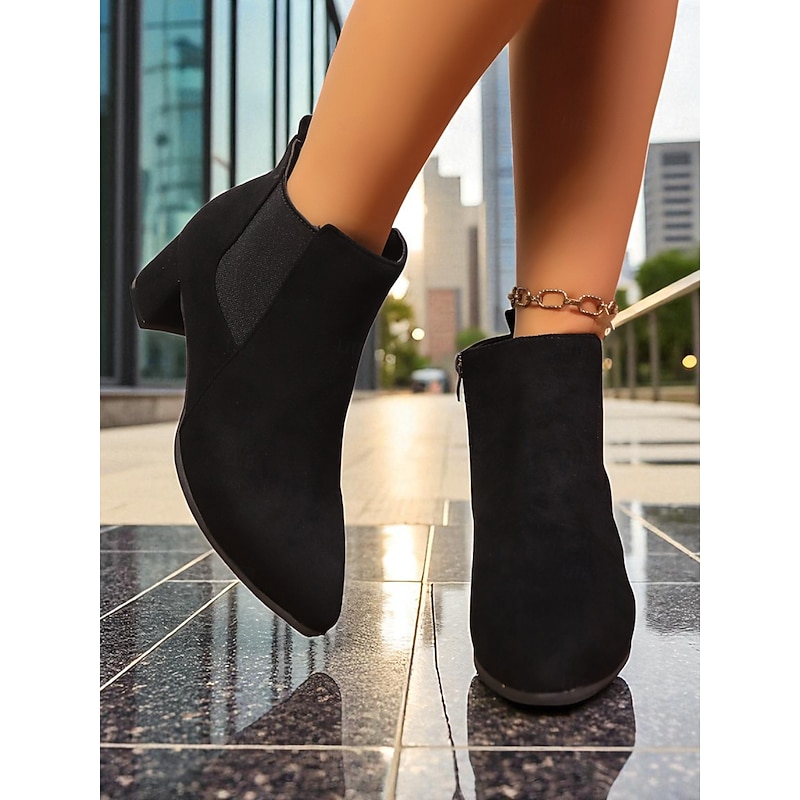 Women's Tan Faux Suede Ankle Boots – Mid Heel Side Zip Round Toe Short Chelsea Booties for Fall Streetwear and Casual Office Outfits