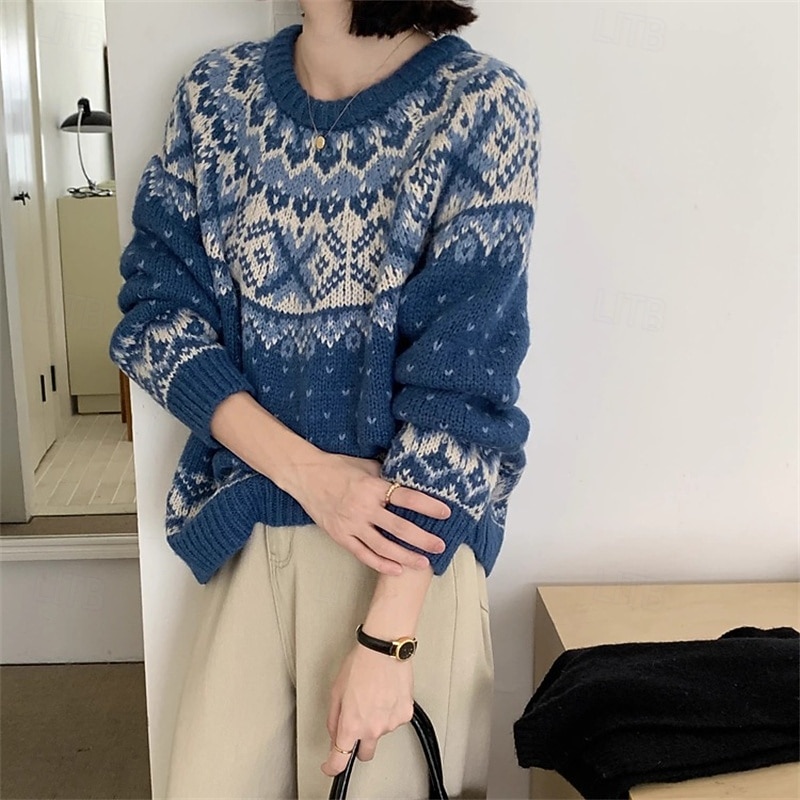 Women's Sweater Fair Isle Sweater Pullover Vintage Fashion Casual Geometric Ribbed Crew Neck Knitted Print Long Sleeve Regular Tops Knit Christmas Outdoor Daily Blue Fall Winter3
