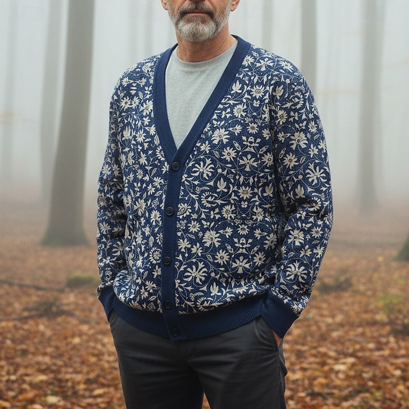 Christmas Men's Ditsy Floral Flower / Plants Sweater Cardigan Sweater V Neck Retro Vintage Casual Outdoor Home Party Buckle Long Sleeve Fall Winter Blue Ink Blue