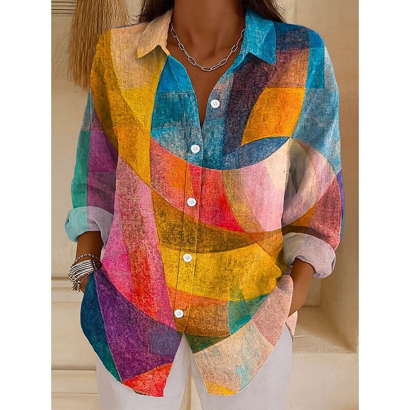 Women's Shirt Graphic Geometric Stylish Modern Casual Long Sleeve Bishop Sleeve Shirt Collar Regular Tops Daily Holiday Print Pink Blue Orange Green Summer Spring2