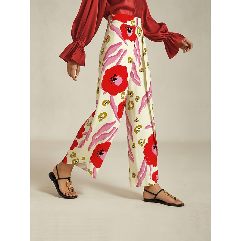 Women's Wide Leg Pants Satin Red Floral Print Front Overlap Slit Spring Autumn4