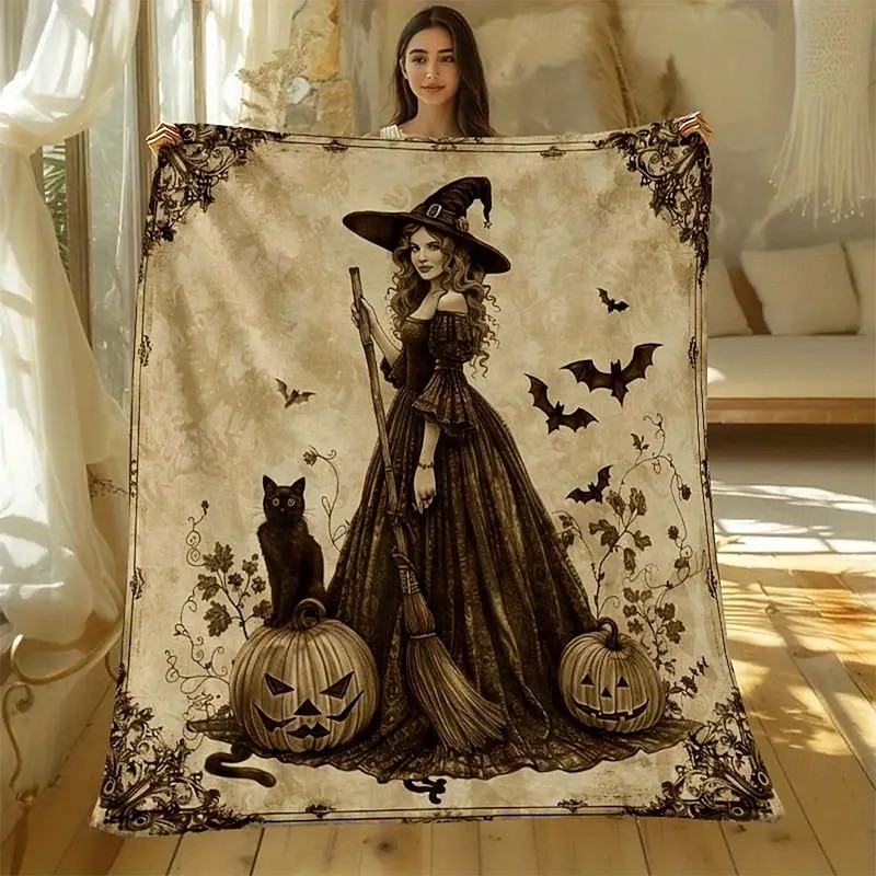 Halloween Fleece Throw Blanket for Couch Witch Rustic Cottagecore Party Sofa Bed Decorative Warm Blanket Home Decor3