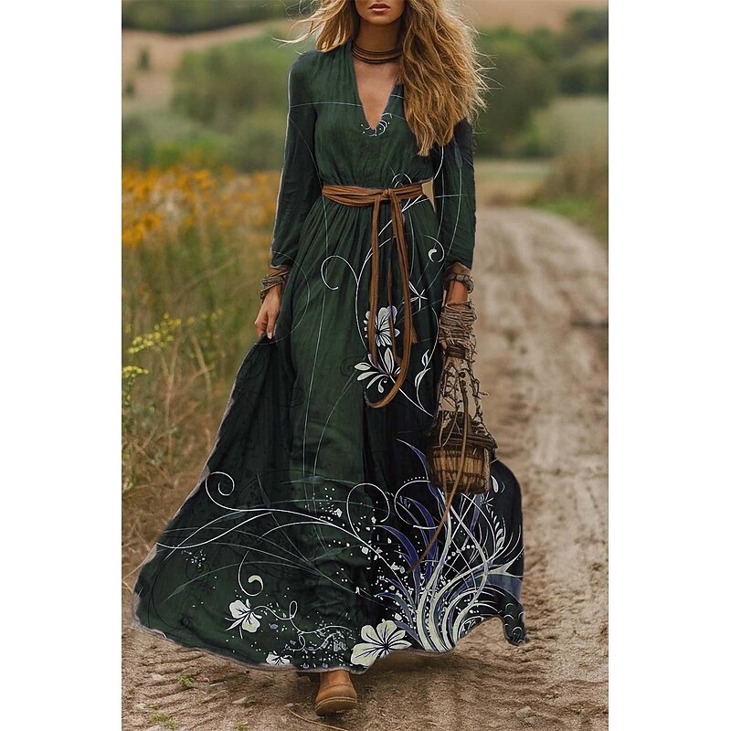 Women's Maxi Dress A Line Dress Pleated Dress Fit And Flare Dress Vacation Casual Boho Date Going out Regular Fit Floral Graphic Long Sleeve V Neck Purple Brown Green Spring Fall Winter Autumn2