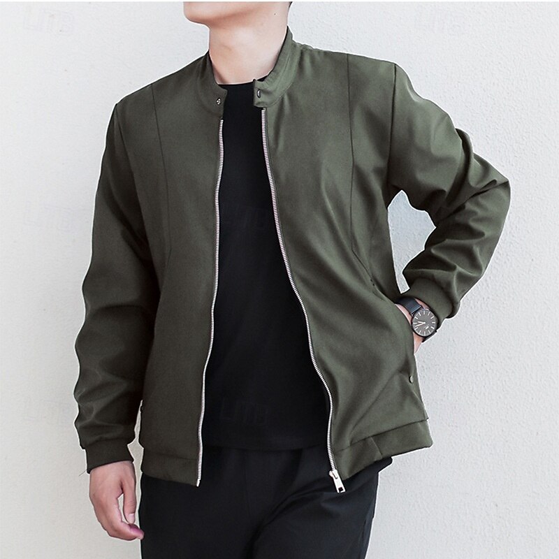 Men's Lightweight Jacket Casual Jacket Vacation Daily Breathable Pocket Spring Fall Plain Fashion Classic Stand Collar Regular Black Army Green Jacket