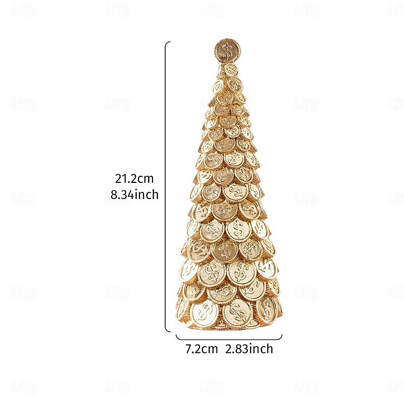 Christmas Tabletop Tree Decoration, Golden Acorn Pinecone Dollar Bitcoin Design, Resin Mini Christmas Tree Statue Ornament for Holiday Indoor Décor, Shop Window Display, Gift3