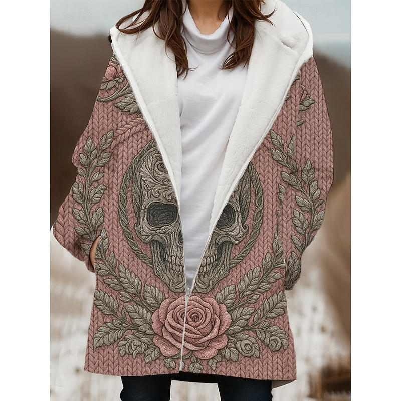 Women's Winter Coat Winter Jacket Windproof Warm Zipper Pocket Fleece Lined Casual Skull Outdoor Vacation Home Casual Long Hooded Regular Fit Long Sleeve Outerwear Yellow Pink Blue Winter