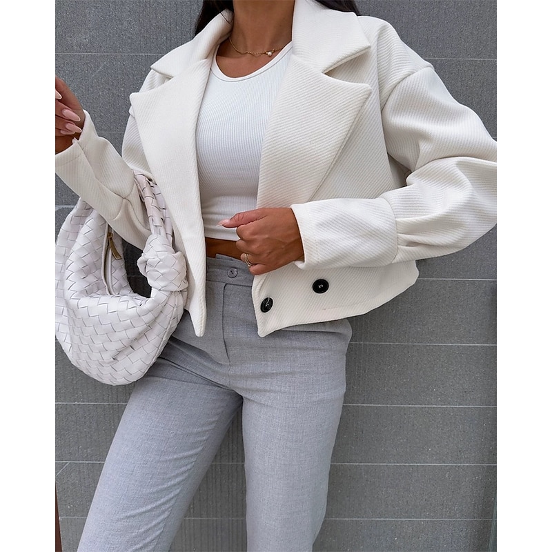 Women's Casual Jacket Warm Comfortable Buttons Fashion Outdoor Plain Going out Weekend Single Breasted Regular Lapel Regular Fit Long Sleeve Outerwear Black White Light Grey Fall Winter3