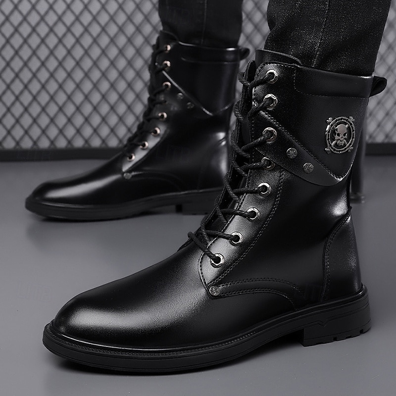 Black Faux Leather Lace-Up Men's Combat Boots with Round Metal Logo, Chunky Sole, and Military Style – Perfect for Harley Riders, Punk Rock Fashion, Casual Outdoor Wear and Everyday Use