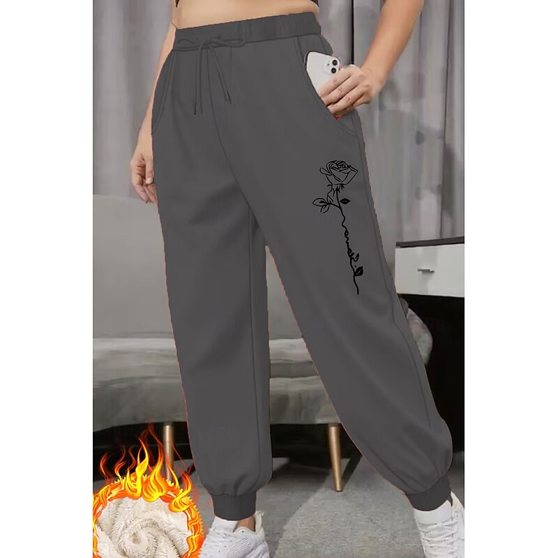 Women's Sweatpants Vacation Vintage Ethnic Style Full Length High Waist Floral Graphic Drawstring Pocket Fleece Thermal Warm Windproof Comfy High Elasticity Formal Vacation Street Dark-Gray Black Pink2