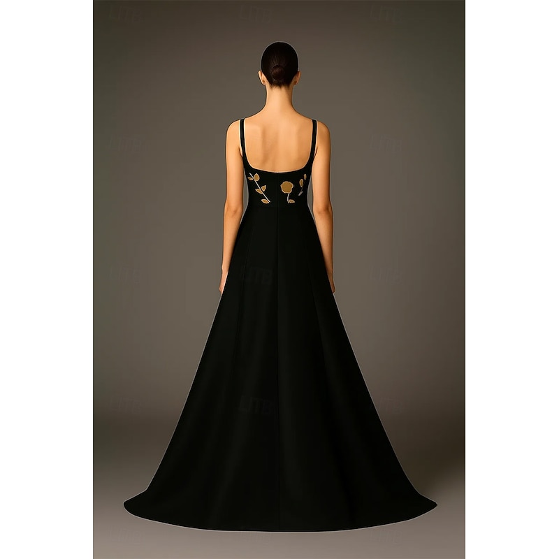 Black and Gold Floral Print A-Line Evening Gown Elegant Formal Dress Formal Wedding Court Train Sleeveless Square Neck Pocket Stretch Satin with Overskirt 20252