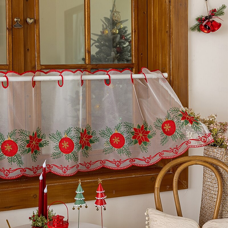 Christmas Red Half Curtain American Style Door Curtain Cafe Curtain, Embroidered Lace Semi Blackout Window Treatment for Holiday Decoration