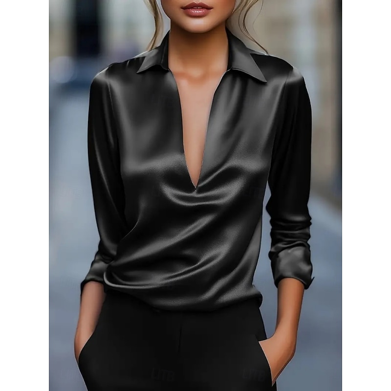 Women's Blouse Solid Color Elegant Stylish Basic Long Sleeve V Neck Regular Tops Daily Black White Wine Blue Green Summer Spring Fall4