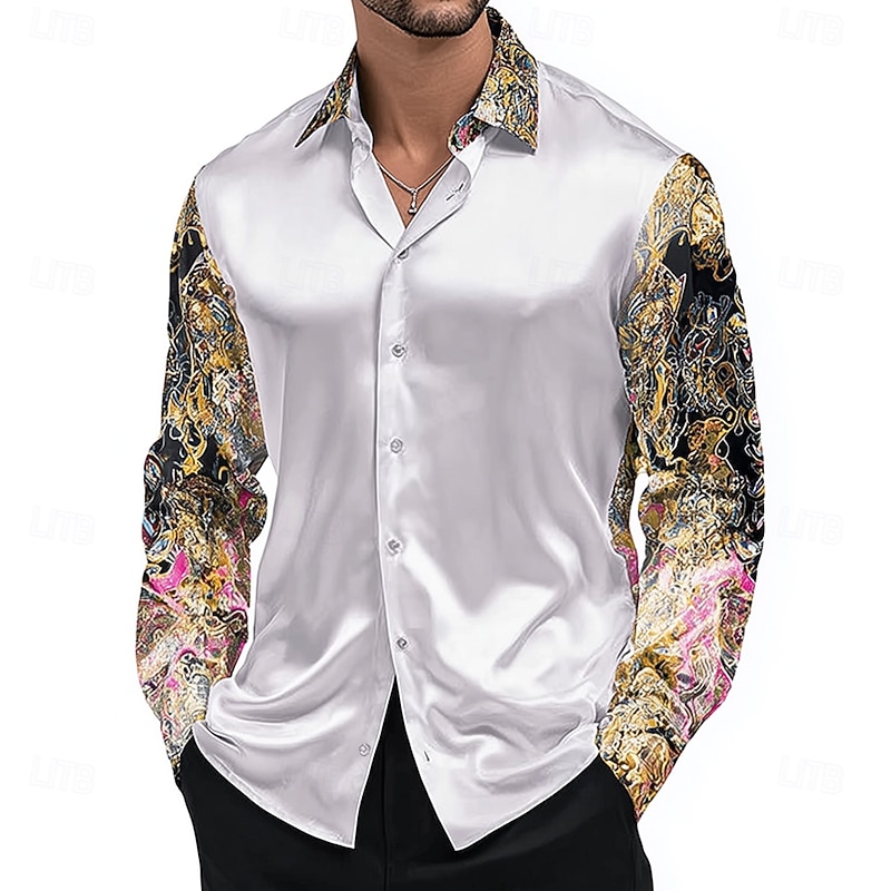Men's Ethnic Intricate Floral Flowers Shirt Satin Shirt Dress Shirt Long Sleeve Vintage Retro Vacation Dailywear Summer Spring Fall Turndown 3D Print Button Up Shirts White 1 White White 23