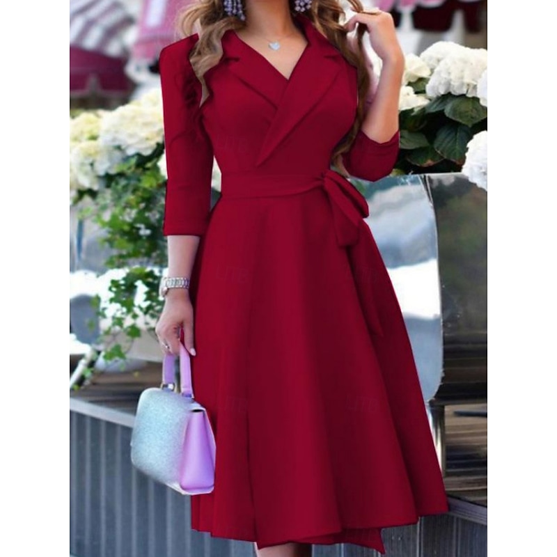 Women's Midi Dress A Line Dress Casual Daily Holiday Regular Fit Plain 3/4 Length Sleeve V Neck Black Wine Purple Summer Spring Fall