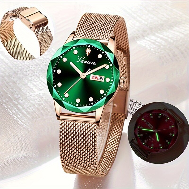 A New Diamond-Shaped Alloy Mesh Strap Ladies' Fashionable And Trendy Watch With Ipx7 Water Resistance And Luminous Date And Day Display. It Is A Versatile Quartz Watch For Both Daily Life And Travel