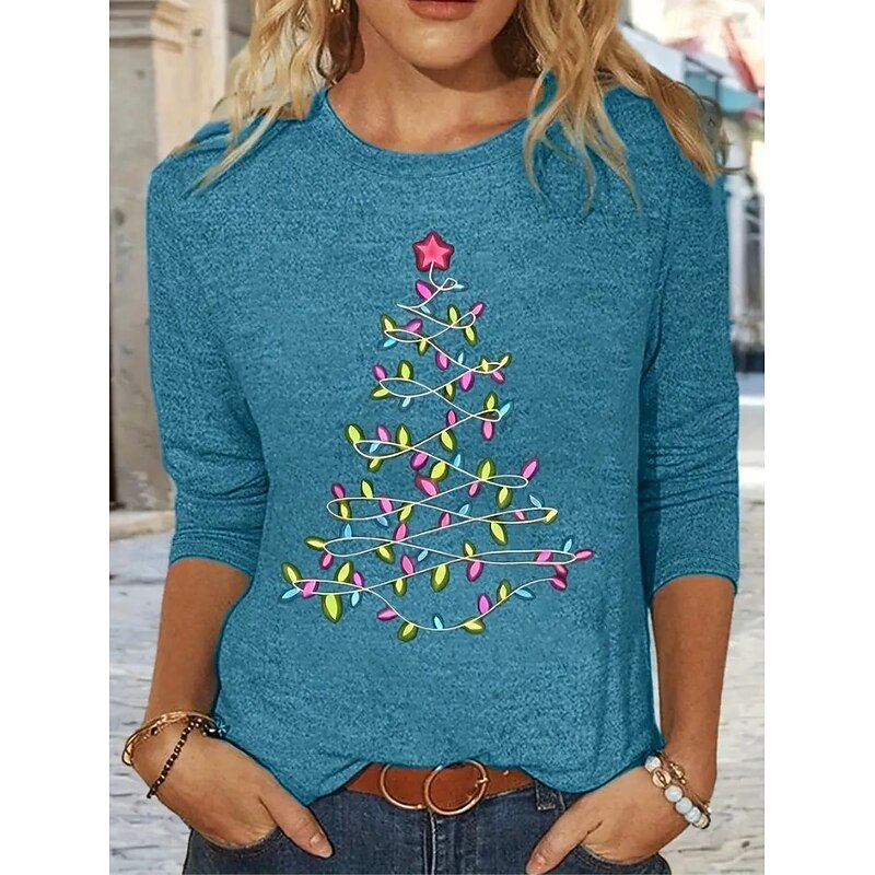 Christmas Women's T Shirt Graphic Christmas Tree Vintage Fashion Stylish Long Sleeve Crew Neck Regular Tops Daily Weekend Print Black Blue Green Summer Spring Fall Winter