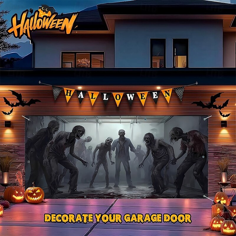 Halloween Tapestry Garage Door Cover Large Hanging Backdrop Zombie Containment Unit 3D Dark Punk Gothic Style Party Outdoor Shooting Backgrounds Yard Haunted House Home Decor3
