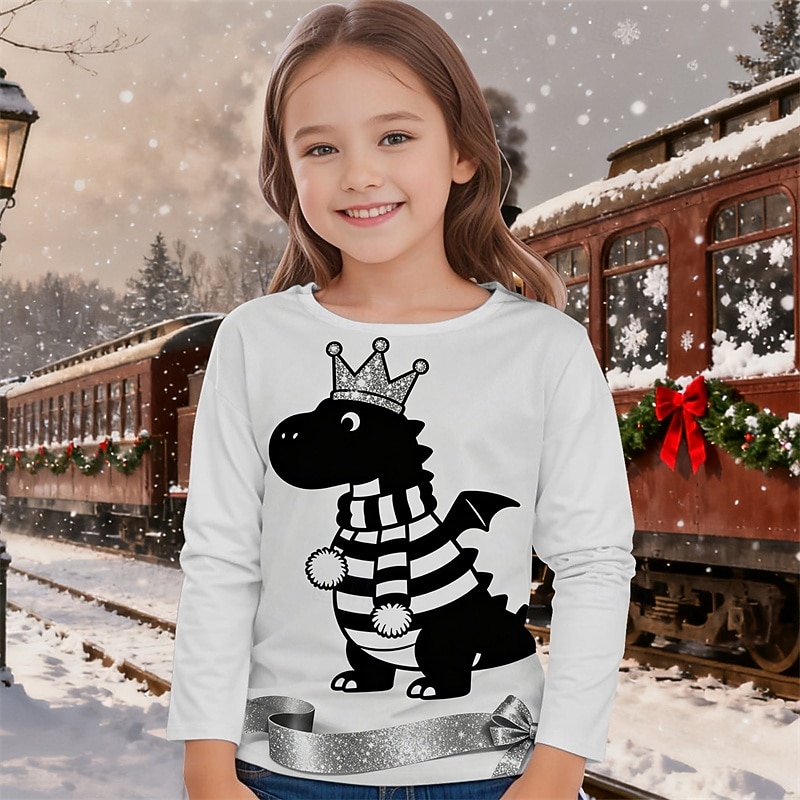 Christmas Girls' 3D Dinosaur T shirt Tee Long Sleeve Spring Fall Fashion Basic Kids 4-12 Years Crew Neck Outdoor Casual Daily Regular Fit