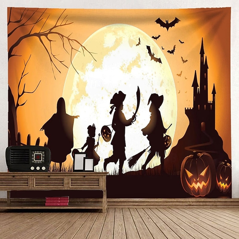 Halloween Pumpkin Lantern Tapestry Hanging Fabric Wall Banner Peach Velvet Halloween Decoration for Bedroom Living Room Party Aesthetic Background Photography Scene