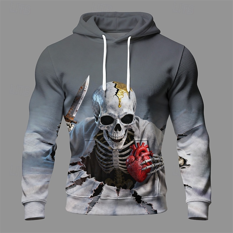 Halloween Men's Skull Hoodie Fashion Daily Hooded Vacation Party Streetwear Gray Drawstring Pocket Printing Fall Winter Designer