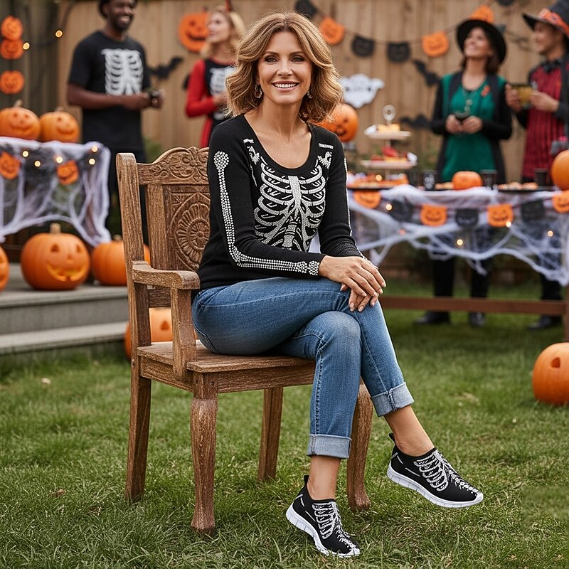 Women's Skull Print Slip-On Sneakers with Lightweight Sole, Gothic Halloween Casual Shoes for Party and Streetwear3