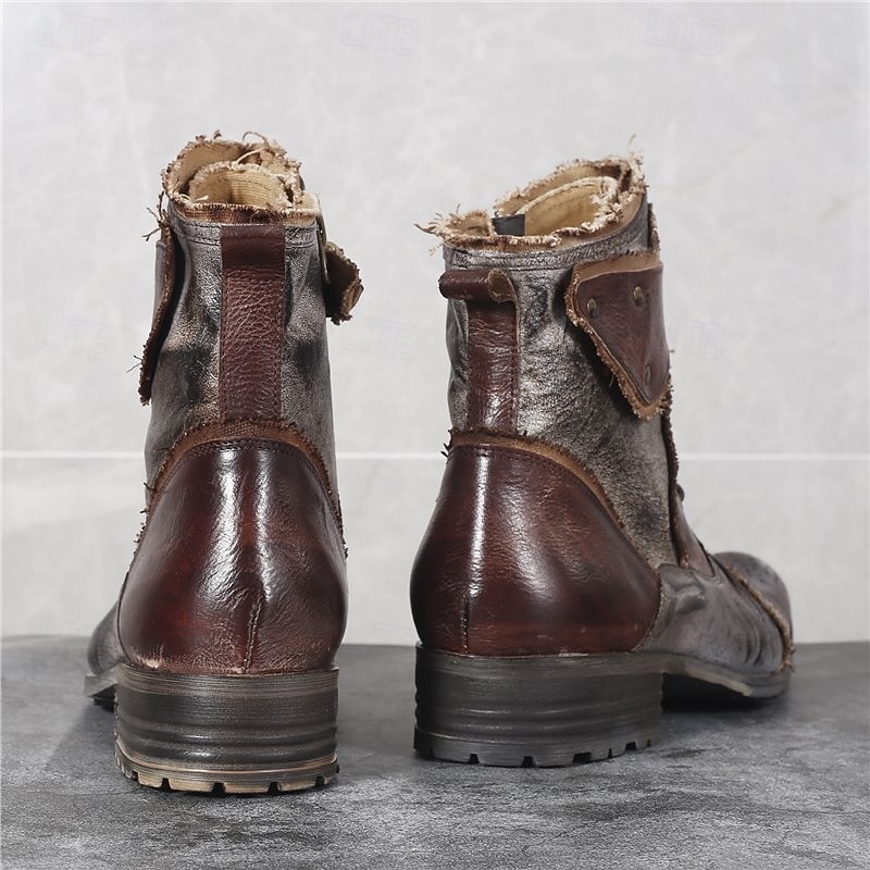 Men's Vintage Brown Leather Combat Boots – Retro Lace-Up Military Style Ankle Boots with Buckle Straps for Motorcycle Riding and Casual Fashion3