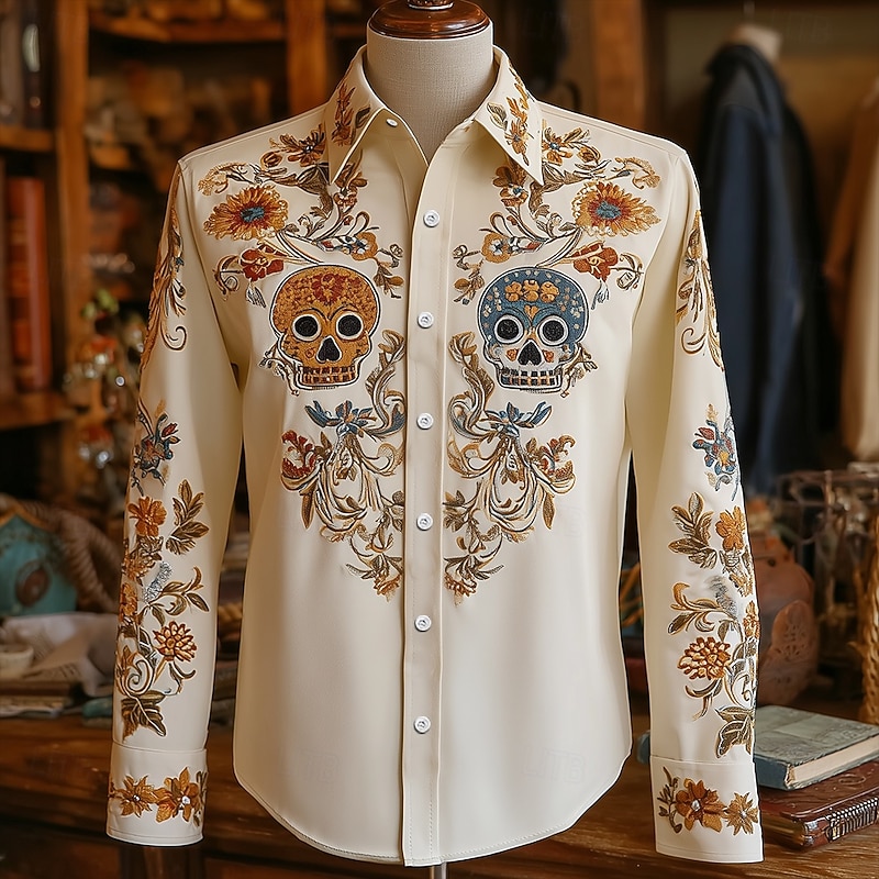 Men's Skull Floral Print Day of the Dead Shirt Western Shirt Cowboy Shirt Long Sleeve Vintage Retro Outdoor Vacation Spring Fall Turndown 3D Print Linen Like Shirt White