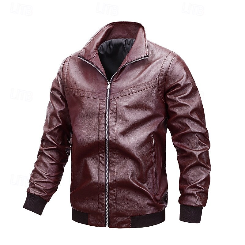Men's Faux Leather Jacket Biker Jacket Motorcycle Jacket Vacation Daily Windproof Warm Pocket Spring Fall Plain Fashion Classic Stand Collar Regular Black Wine Jacket