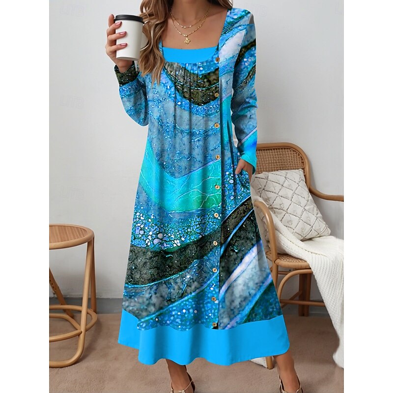 Women's Midi Dress Shift Dress Casual Daily Regular Fit Graphic Abstract Long Sleeve Square Neck Yellow Blue Purple Green Fall Winter3
