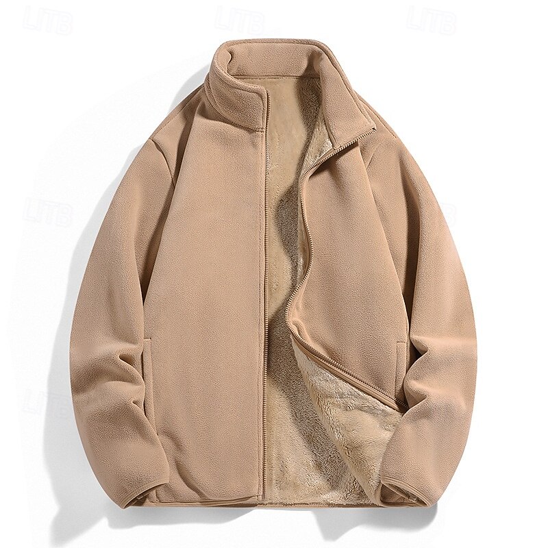 Men's Winter Jacket Fleece Jacket Casual Jacket Vacation Daily Thermal Warm Pocket Fleece Fall Winter Plain Fashion Streetwear Stand Collar Regular Black Brown Dark Blue Grey Jacket