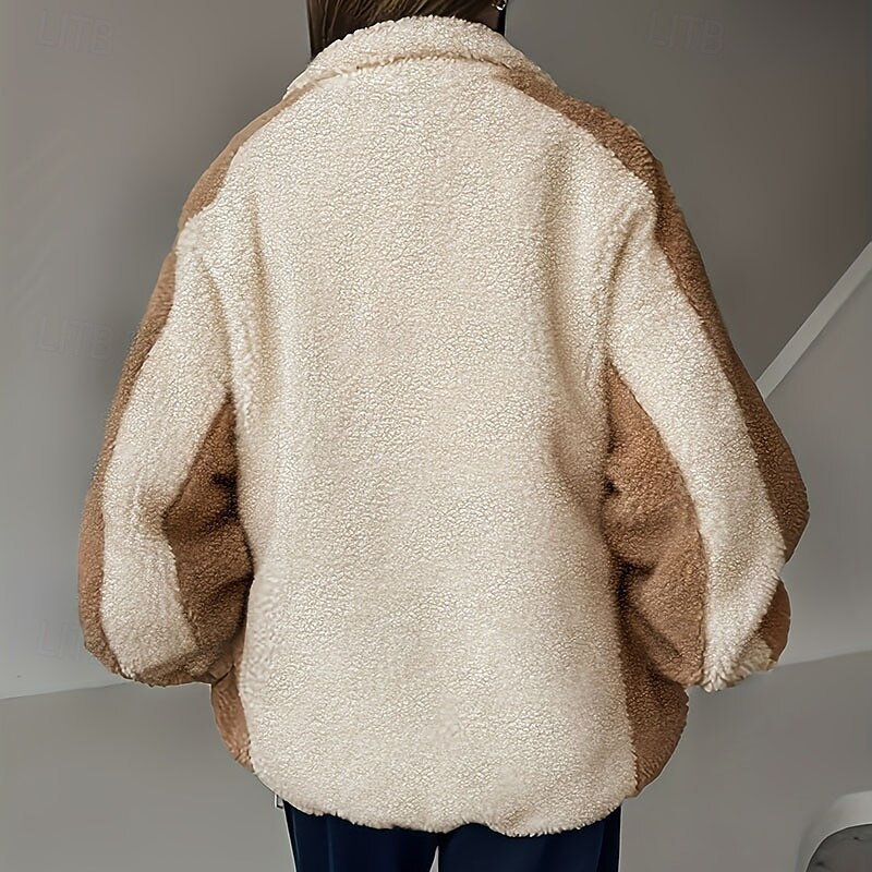 Women's Zip Up Sweatshirts Plain Warm Casual Long Sleeve High Neck Regular Tops Street Casual Patchwork Zipper Beige Fall Winter3