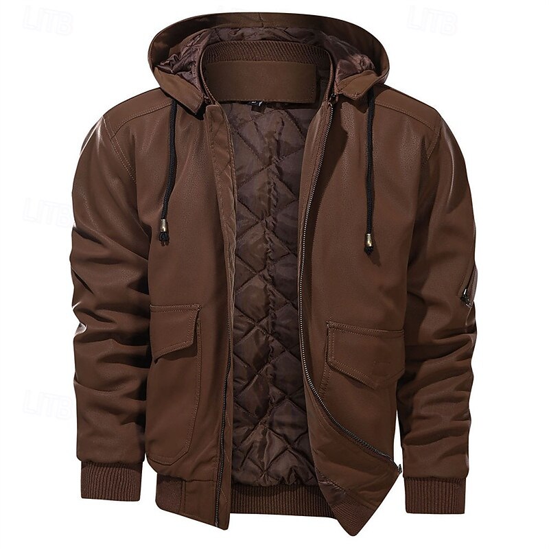 Men's Faux Leather Jacket Quilted Jacket Hoodie Jacket Vacation Daily Windproof Warm Pocket Detachable Hood Fall Winter Plain Fashion Classic Hooded Regular Black Brown Jacket4