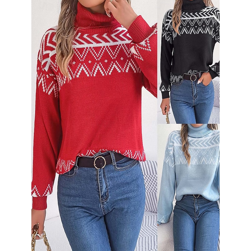 Women's Fair Isle Sweater Pullover Elegant Vintage Streetwear Geometric Ribbed Turtleneck Floral Long Sleeve Regular Tops Knit School Outdoor Home Black Red Spring Fall