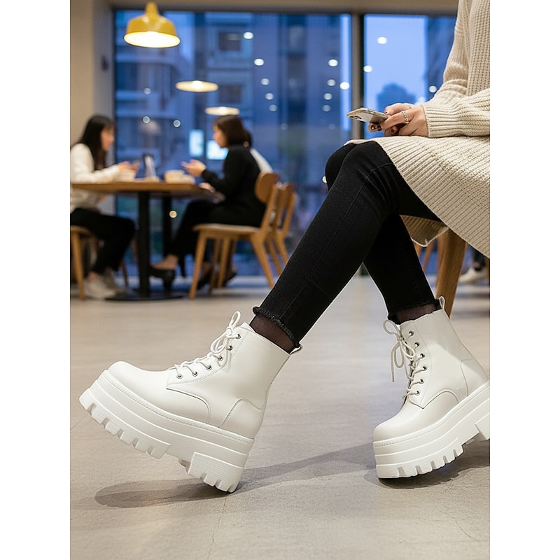 Women's White Platform Lace-Up Ankle Boots with Height Increasing Sole -Trendy Chunky Heel Fashion Boots for Casual and Streetwear3