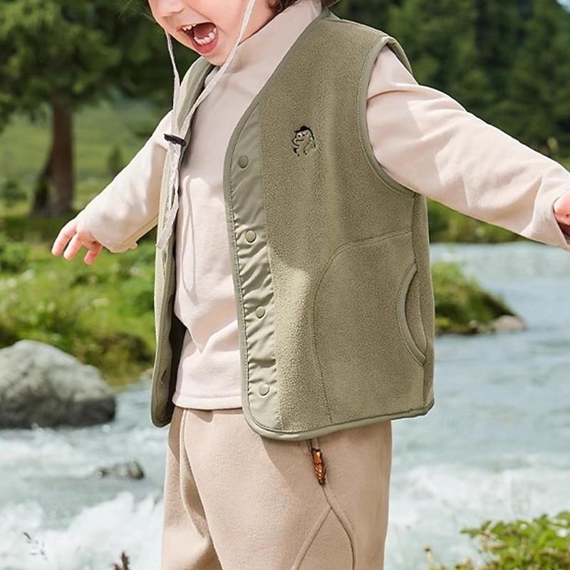 Kids Unisex Vest Coat Outerwear Solid Color Sleeveless Pocket Buttons Keep Warm Soft Breathable Coat Outdoor Fashion Daily Brown Green Khaki Fall Winter 4 years+