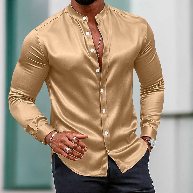 Men's Shirt Satin Shirt Dress Shirt Casual Shirt Button Up Shirt Prom Shirt Plain Formal Wedding White Wine Royal Blue Gold Long Sleeve Mandarin Collar All Seasons Clothing Apparel4