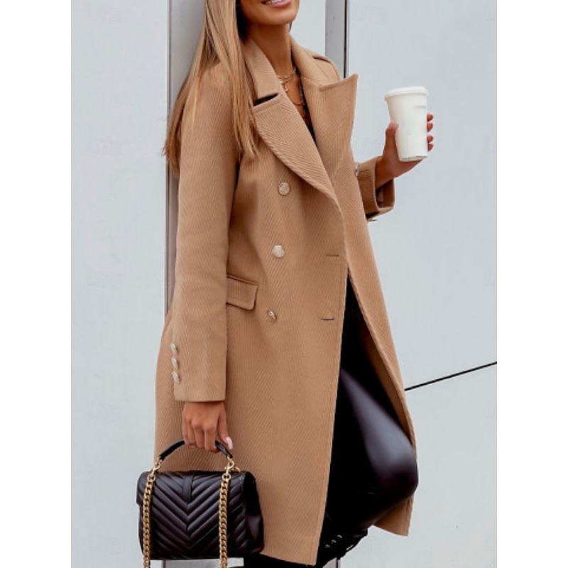 Women's Coat Comfortable Breathable Pocket Buttons Casual Plain Vacation Street Casual Daily Wear Single Breasted Long Turndown Regular Fit Long Sleeve Outerwear Black Wine Khaki Spring Fall3