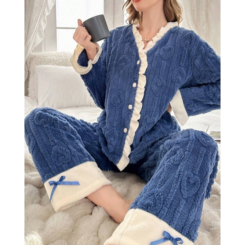 Women's Pajamas Loungewear Pajama Set 2 Pieces Comfort Soft Patchwork Elastic Waist Buttons Pant Home Daily Bed Long Sleeve V Neck Dark Blue Fall Winter3