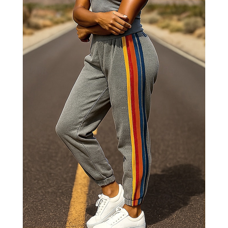 Men's Cuffed Sweatpants Lounge Knitted Bottoms Rainbow Striped High Waist Bottoms Athleisure Gym Workout Fall Gym Hiking Outdoor Regular Fit Sportswear Activewear Stripes Black Dark Blue Grey