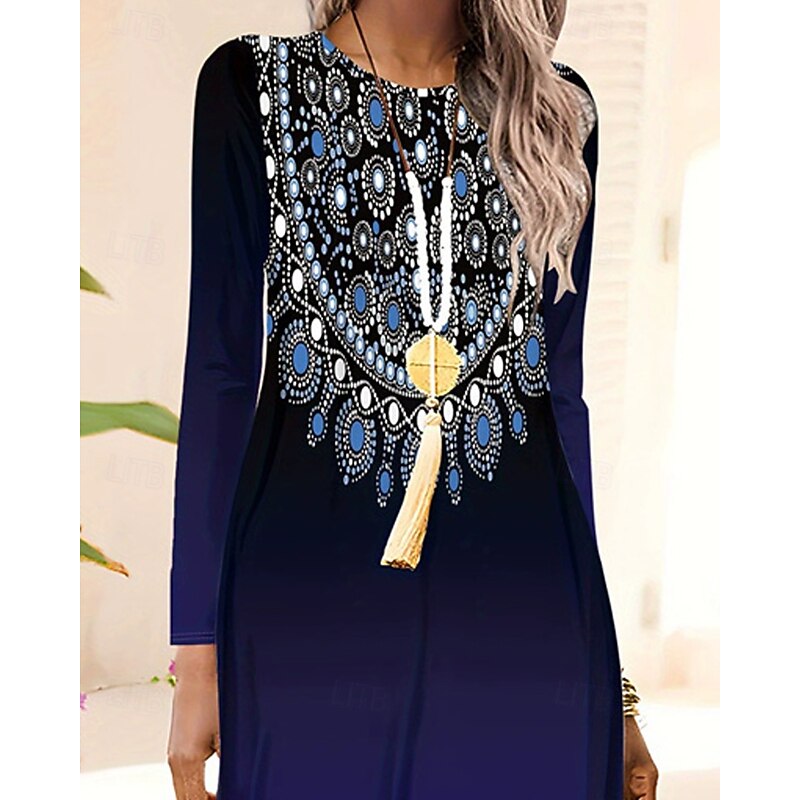 Women's Long Dress Maxi Dress Boho Dress Elegant Vintage Fashion Outdoor Party Daily Loose Fit Graphic Butterfly Abstract Long Sleeve Crew Neck Blue Spring Autumn2