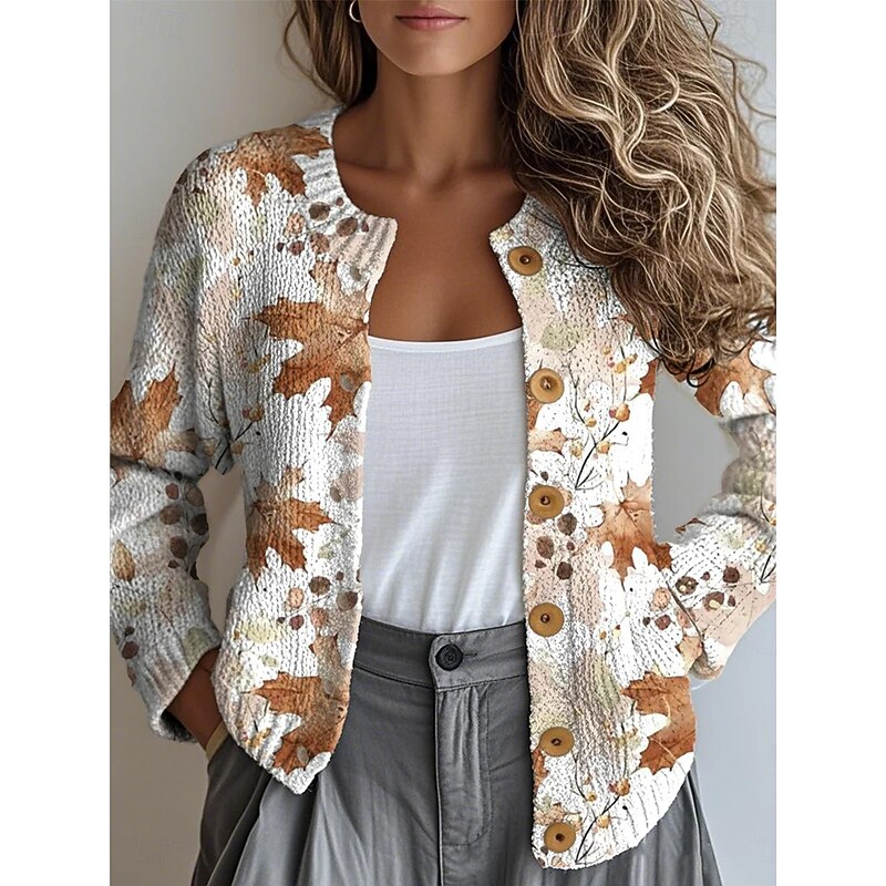 Women's Cardigan Fashion Daily Casual Floral Graphic Ribbed Crew Neck Buttons Print Long Sleeve Regular Tops Knit Outdoor Daily Date Camel Fall Winter