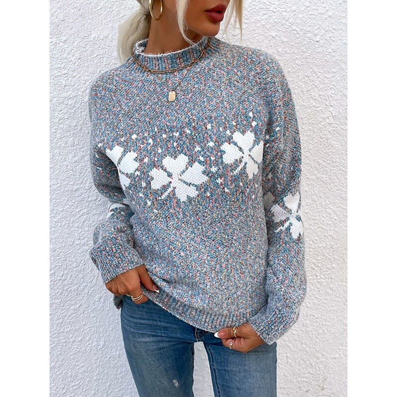 Women's Sweater Casual Soft Snowflakes Ribbed Crew Neck Knitted Long Sleeve Regular Tops Knit Outdoor Daily Weekend Pink Dark Gray Fall Winter4