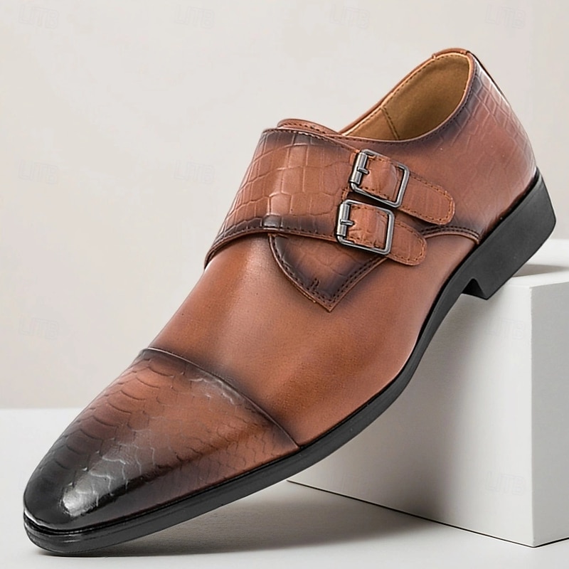 Men's Brown Gradient Faux Leather Double Monk Strap Shoes – Elegant Business Dress Shoes for Office, Banquets and Weddings