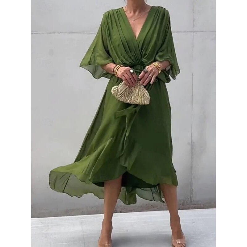 Women's Maxi Dress A Line Dress Casual Daily Regular Fit Plain 3/4 Length Sleeve V Neck Black Blue Orange Green Spring Fall